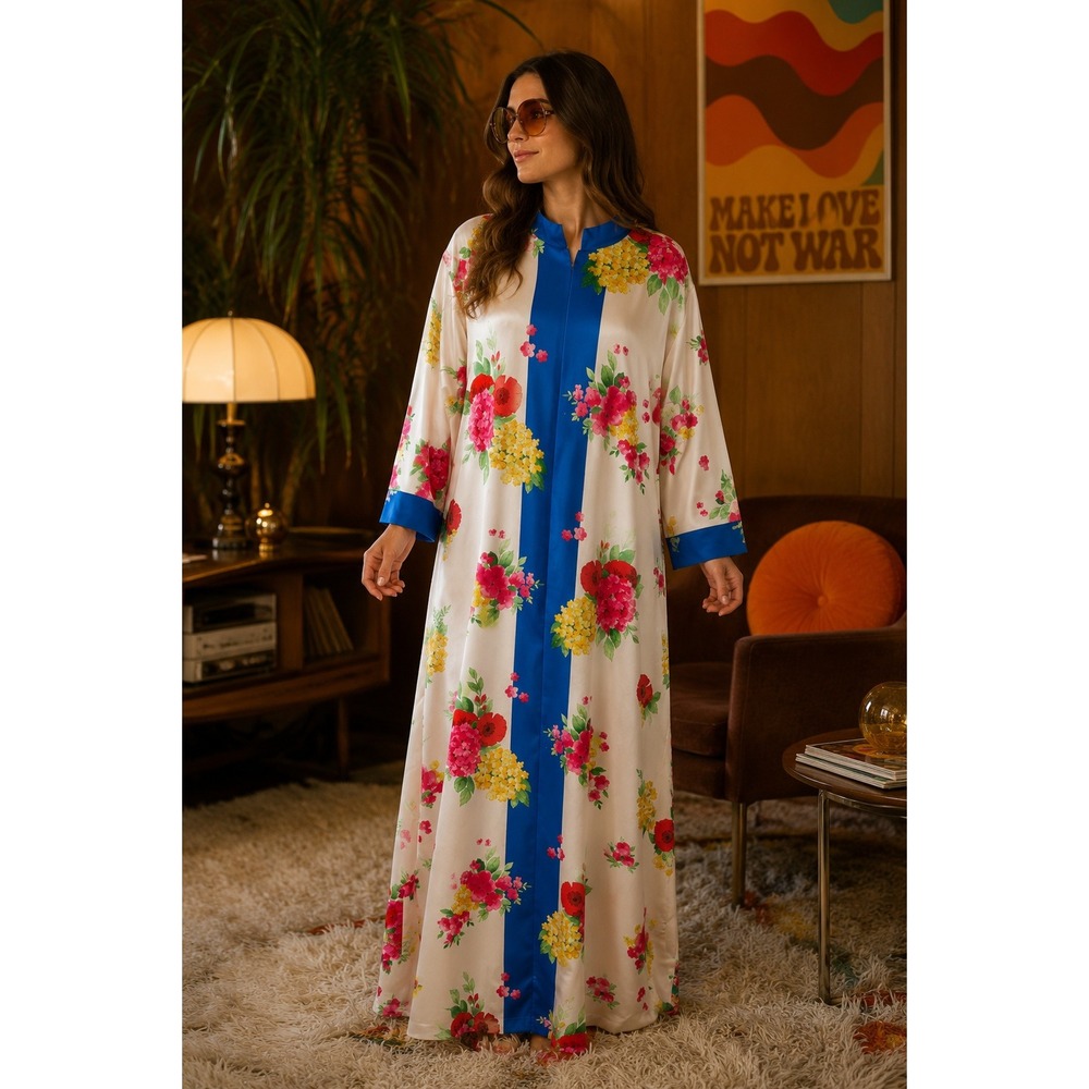 Vintage 70s Evelyn Pearson‎ Go Coat Floral Zip House Robe Maxi Hostess Coat M